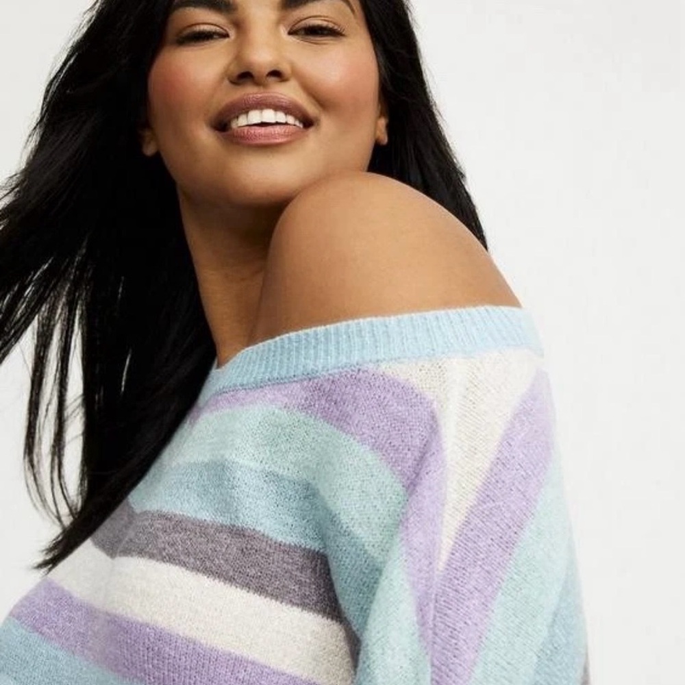 Torrid Size 2 Blue Purple Gray White Striped Sweater Off The Shoulder - Picture 4 of 8